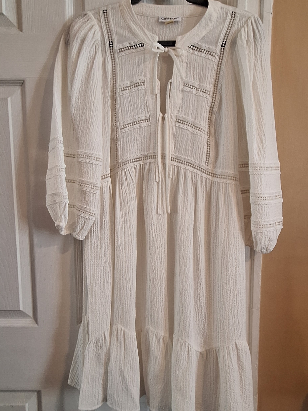 Calvin Klein Cream Lace-Trim Peasant Dress